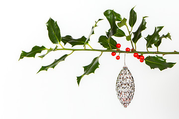 Image showing Very old silver christmas ball hanging from a twig (butchers bro