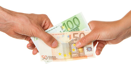 Image showing Man giving 150 euro to a woman