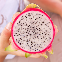 Image showing Woman holding a dragon fruit