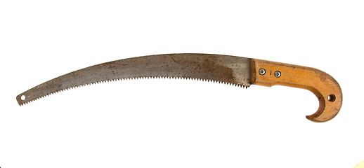 Image showing Old rusty toy hand saw on white