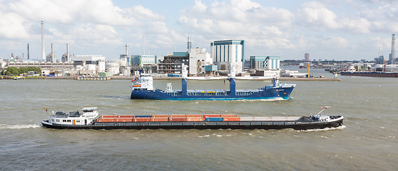 Image showing Several ships sailing in the port of Rotterdam (Holland)