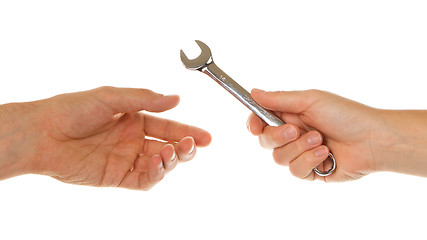 Image showing Woman giving wrench to man