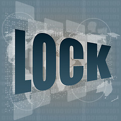 Image showing business concept lock word on digital screen with world map