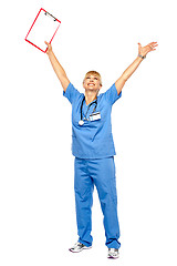 Image showing Long shot of a jubilant doctor celebrating her success