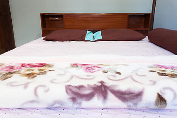 Image showing Tranquil bedroom with with a double  hard wood bed