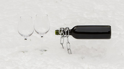 Image showing Bottle of red wine and wineglasses isolated