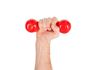 Image showing Red dumbbells in the hands of a man, isolated