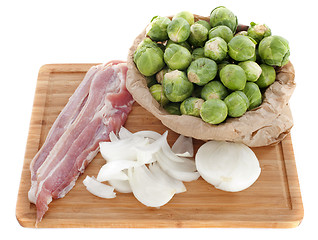 Image showing Brussels sprouts, onion and bacon