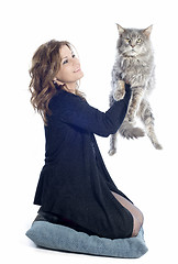 Image showing maine coon cat and woman