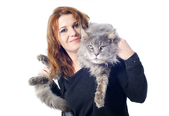 Image showing maine coon cat and woman
