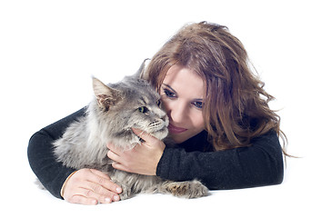 Image showing maine coon cat and woman