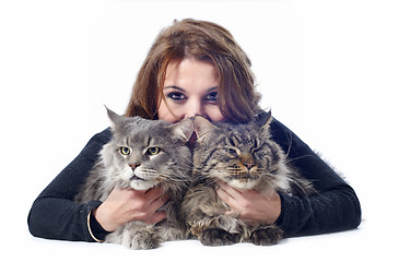 Image showing maine coon cats and woman