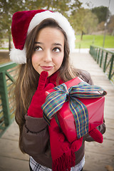 Image showing Pretty Woman Wearing a Santa Hat with Wrapped Gift