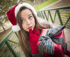 Image showing Pretty Woman Wearing a Santa Hat with Wrapped Gift