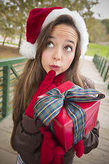 Image showing Pretty Woman Wearing a Santa Hat with Wrapped Gift