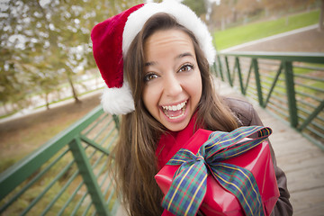 Image showing Pretty Woman Wearing a Santa Hat with Wrapped Gift