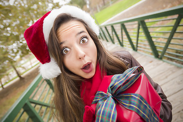 Image showing Pretty Woman Wearing a Santa Hat with Wrapped Gift