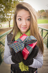 Image showing Pretty Woman with Wrapped Gift with Bow Outside