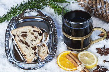 Image showing christmas stollen and hot wine punch