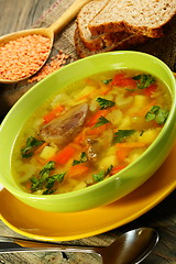 Image showing Chicken soup with red lentils.