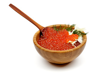 Image showing Red Caviar in Wood Bowl