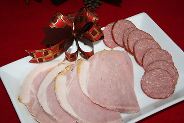 Image showing Christmas ham and sausage