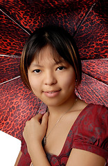 Image showing Young model with red spotty umbrella 