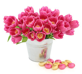 Image showing Easter Eggs and Tulips