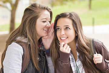 Image showing Mixed Race Woman Whispering Secrets Outside