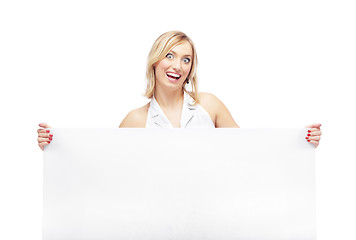 Image showing Laughing lady with blank board