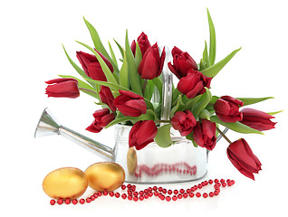 Image showing Easter Eggs and Tulips