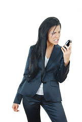 Image showing Angry businesswoman with broken mobile phone