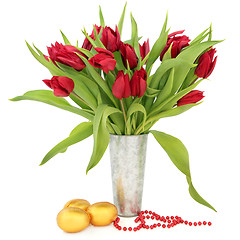 Image showing Easter Eggs and Tulips