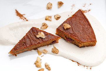 Image showing fresh healthy carrots and walnuts cake dessert