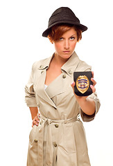 Image showing Female Detective With Official Badge In Trench Coat on White