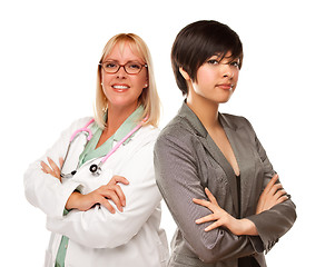 Image showing Young Mixed Race Woman with Female Doctor or Nurse on White