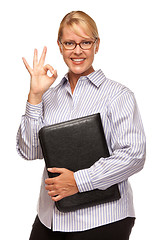 Image showing Attractive Blond Businesswoman with Okay Hand Sign on White