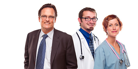 Image showing Friendly Male and Female Doctors with Businessman on White 