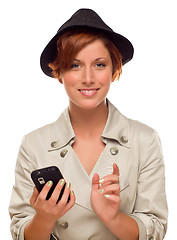 Image showing Smiling Young Woman Holding Smart Cell Phone on White