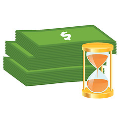 Image showing Time is money concept. Money icon. Money stack and golden hourglass.