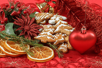 Image showing background with red heart,and gingerbreads