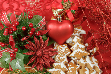 Image showing background with red heart,and gingerbreads