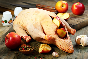 Image showing Eviscerated duck, apples and spices.   