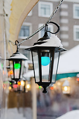 Image showing Multicolored lights decorating the Christmas market