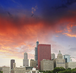 Image showing Chicago, Illinois. Wonderful sky colors over city skyscrapers