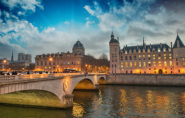 Image showing Beautiful colors of Napoleon Bridge at dusk with Seine river - P