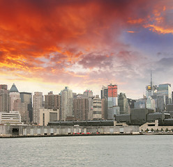 Image showing Manhattan. Beautiful sky colors over New York City skyscrapers, 