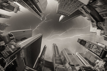 Image showing Upward fisheye view of Times Square Skyscrapers - Ads Removed