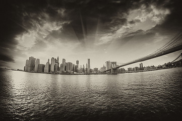 Image showing Spectacular view of Brooklyn Bridge from Brooklyn shore at winte