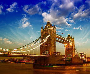 Image showing Beautiful sunset colors over famous Tower Bridge in London
